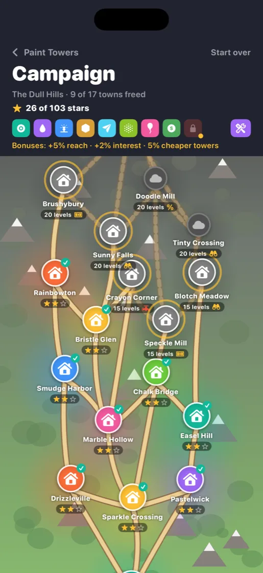 The campaign map, nine towns freed, Castle Gloom above